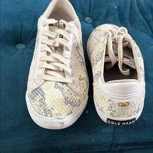 Cole Haan Cream Snake-Print Leather Lace-Up Sneakers